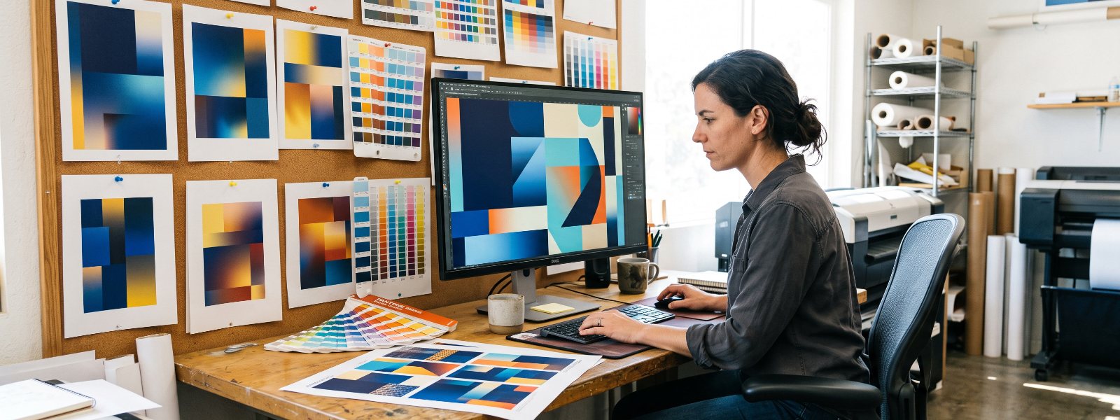 Designer reviewing a large format graphic layout on a widescreen monitor with proof prints pinned behind Designer reviewing a large format graphic layout on a widescreen monitor with proof prints pinned behind