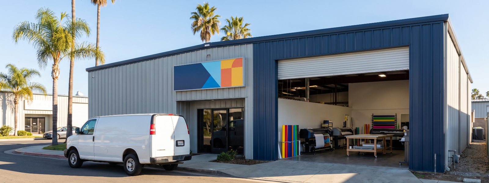 Volume 11 Graphics commercial sign and print shop bay door open in a San Diego industrial park Volume 11 Graphics commercial sign and print shop bay door open in a San Diego industrial park