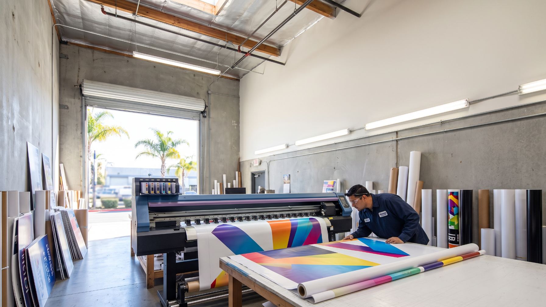 Volume 11 Graphics large format print shop in San Diego Large format printer running a freshly printed vinyl banner inside the Volume 11 Graphics print shop in San Diego