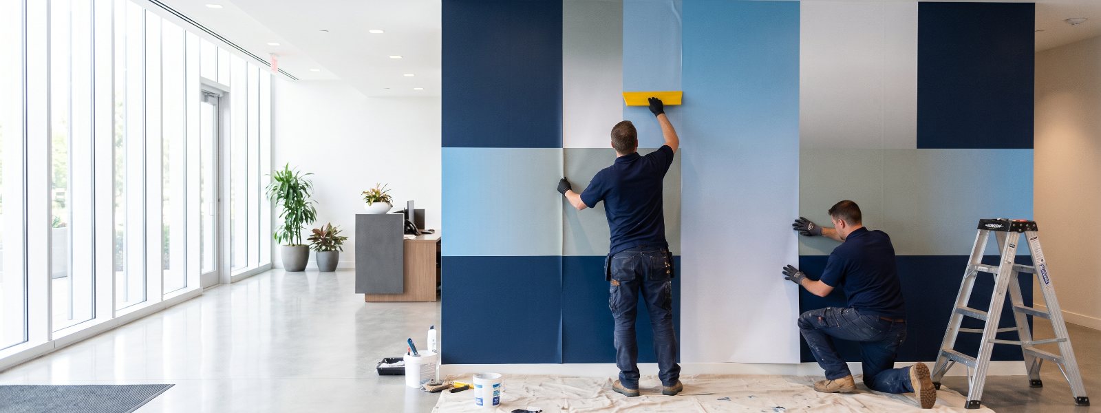 Two installers applying a large vinyl wall mural in a bright modern office lobby Two installers applying a large vinyl wall mural in a bright modern office lobby