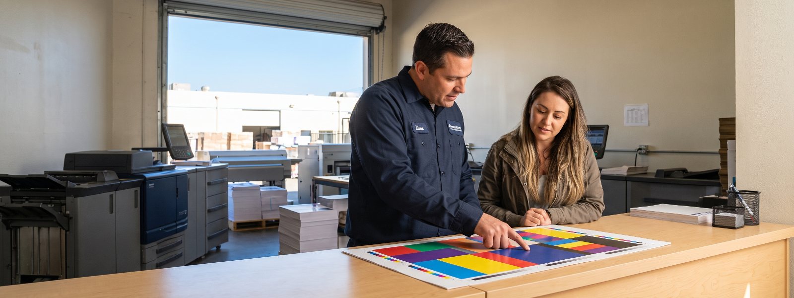 Volume 11 representative reviewing a printed proof with a customer at the San Diego shop counter Volume 11 representative reviewing a printed proof with a customer at the San Diego shop counter