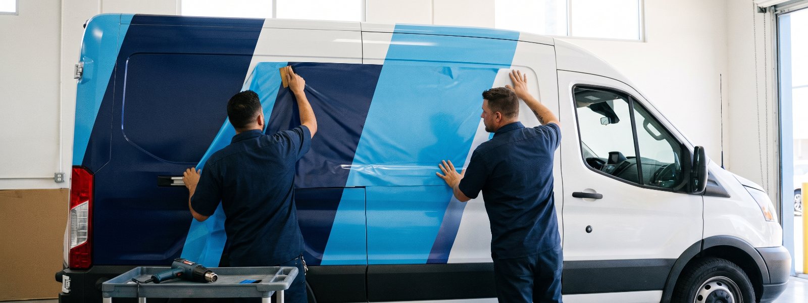 Certified installer squeegeeing vinyl onto a white commercial van in a San Diego vehicle wrap bay Certified installer squeegeeing vinyl onto a white commercial van in a San Diego vehicle wrap bay